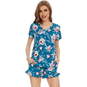 imageWiWi Womens Pajamas Set Viscose from Bamboo Soft Short Sleeve Top with Ruffle Shorts Sleepwear Ladies Pjs Sets SXXLAteal BluePeony