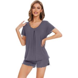 imageWiWi Womens Pajamas Set Viscose from Bamboo Soft Short Sleeve Top with Ruffle Shorts Sleepwear Ladies Pjs Sets SXXLBdark Grey