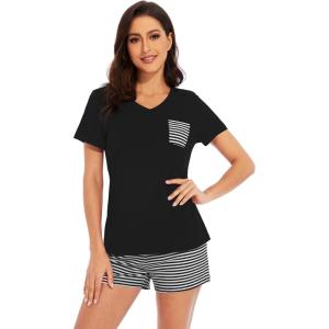 imageWiWi Womens Pajamas Set Viscose from Bamboo Soft Short Sleeve Top with Ruffle Shorts Sleepwear Ladies Pjs Sets SXXLCblack Stripe
