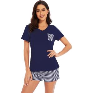 imageWiWi Womens Pajamas Set Viscose from Bamboo Soft Short Sleeve Top with Ruffle Shorts Sleepwear Ladies Pjs Sets SXXLCnavy Stripe