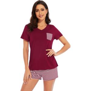 imageWiWi Womens Pajamas Set Viscose from Bamboo Soft Short Sleeve Top with Ruffle Shorts Sleepwear Ladies Pjs Sets SXXLCwine Stripe