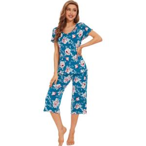 imageWiWi Bamboo Viscose Pajamas for Women Soft Capri Pants Pajama Sets Plus Size Sleepwear Pjs Loungewear S4XAteal BluePeony