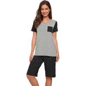 imageWiWi Bamboo Viscose Pajamas for Women Soft Capri Pants Pajama Sets Plus Size Sleepwear Pjs Loungewear S4XBblack