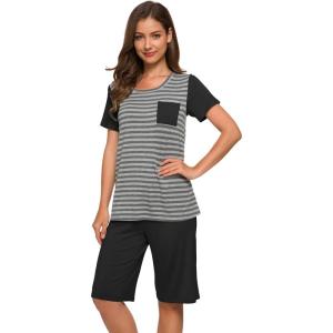 imageWiWi Bamboo Viscose Pajamas for Women Soft Capri Pants Pajama Sets Plus Size Sleepwear Pjs Loungewear S4XBstripeblack