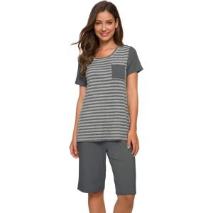 imageWiWi Bamboo Viscose Pajamas for Women Soft Capri Pants Pajama Sets Plus Size Sleepwear Pjs Loungewear S4XBstripeiron Grey