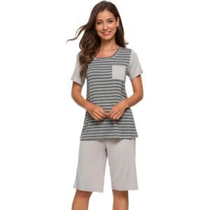 imageWiWi Bamboo Viscose Pajamas for Women Soft Capri Pants Pajama Sets Plus Size Sleepwear Pjs Loungewear S4XBstripelight Grey