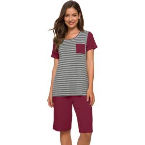 imageWiWi Bamboo Viscose Pajamas for Women Soft Capri Pants Pajama Sets Plus Size Sleepwear Pjs Loungewear S4XBstripewine