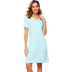 imageWiWi Viscose from Bamboo Nightgowns for Women Short Sleeve Sleep Shirt V Neck Nightgown Plus Size Sleepwear S4XAaqua