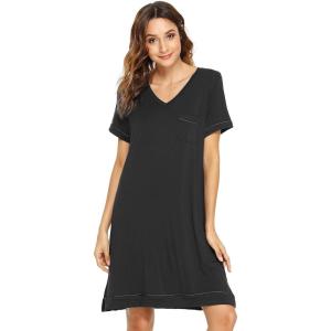 imageWiWi Viscose from Bamboo Nightgowns for Women Short Sleeve Sleep Shirt V Neck Nightgown Plus Size Sleepwear S4XAblack
