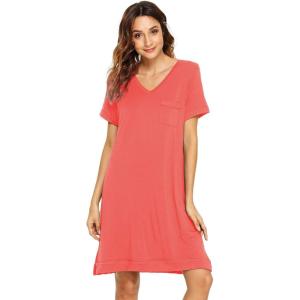 imageWiWi Viscose from Bamboo Nightgowns for Women Short Sleeve Sleep Shirt V Neck Nightgown Plus Size Sleepwear S4XAcoral