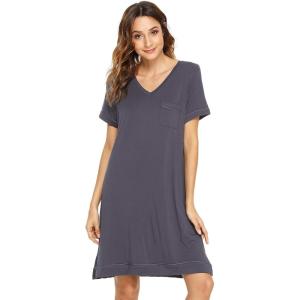 imageWiWi Viscose from Bamboo Nightgowns for Women Short Sleeve Sleep Shirt V Neck Nightgown Plus Size Sleepwear S4XAdark Grey