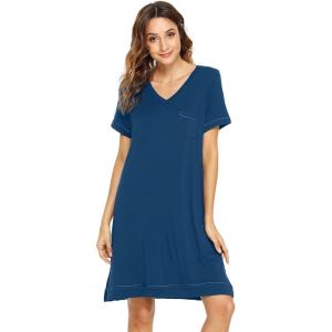 imageWiWi Viscose from Bamboo Nightgowns for Women Short Sleeve Sleep Shirt V Neck Nightgown Plus Size Sleepwear S4XAink Blue