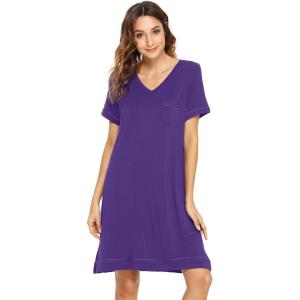 imageWiWi Viscose from Bamboo Nightgowns for Women Short Sleeve Sleep Shirt V Neck Nightgown Plus Size Sleepwear S4XAlilac