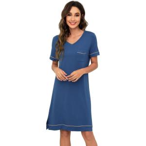 imageWiWi Viscose from Bamboo Nightgowns for Women Short Sleeve Sleep Shirt V Neck Nightgown Plus Size Sleepwear S4XAprussian Blue