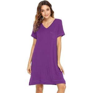 imageWiWi Viscose from Bamboo Nightgowns for Women Short Sleeve Sleep Shirt V Neck Nightgown Plus Size Sleepwear S4XApurple