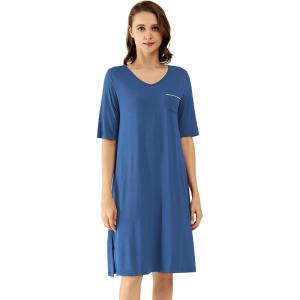 imageWiWi Viscose from Bamboo Nightgowns for Women Short Sleeve Sleep Shirt V Neck Nightgown Plus Size Sleepwear S4XCprussian Blue