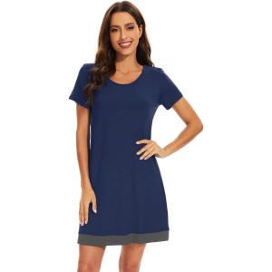 imageWiWi Viscose from Bamboo Nightgowns for Women Short Sleeve Sleep Shirt V Neck Nightgown Plus Size Sleepwear S4XDdark Blue
