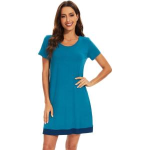 imageWiWi Viscose from Bamboo Nightgowns for Women Short Sleeve Sleep Shirt V Neck Nightgown Plus Size Sleepwear S4XDteal Blue