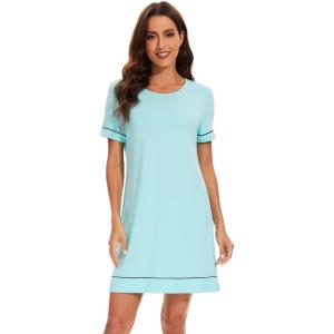 imageWiWi Viscose from Bamboo Nightgowns for Women Short Sleeve Sleep Shirt V Neck Nightgown Plus Size Sleepwear S4XEaqua