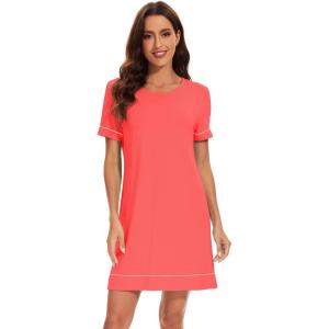 imageWiWi Viscose from Bamboo Nightgowns for Women Short Sleeve Sleep Shirt V Neck Nightgown Plus Size Sleepwear S4XEcoral