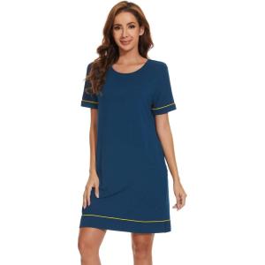 imageWiWi Viscose from Bamboo Nightgowns for Women Short Sleeve Sleep Shirt V Neck Nightgown Plus Size Sleepwear S4XEink Blue