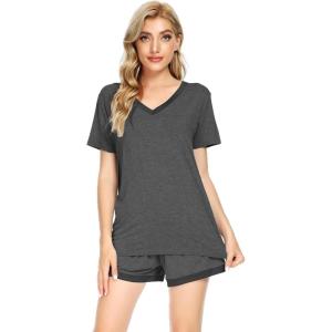 imageWiWi Viscose from Bamboo Pajamas Set for Women Soft Short Sleeve with Shorts Summer Plus Size Pjs Sets Sleepwear S4XAcharcoal Heather