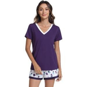 imageWiWi Viscose from Bamboo Pajamas Set for Women Soft Short Sleeve with Shorts Summer Plus Size Pjs Sets Sleepwear S4XAdark Purpledark Purple Dots