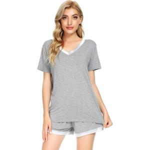 imageWiWi Viscose from Bamboo Pajamas Set for Women Soft Short Sleeve with Shorts Summer Plus Size Pjs Sets Sleepwear S4XAheather Grey