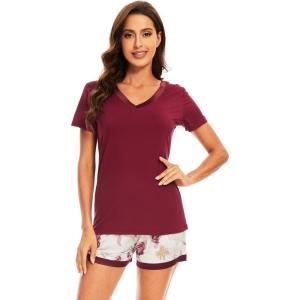 imageWiWi Viscose from Bamboo Pajamas Set for Women Soft Short Sleeve with Shorts Summer Plus Size Pjs Sets Sleepwear S4XAwine Flower