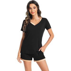 imageWiWi Viscose from Bamboo Pajamas Set for Women Soft Short Sleeve with Shorts Summer Plus Size Pjs Sets Sleepwear S4XBblack