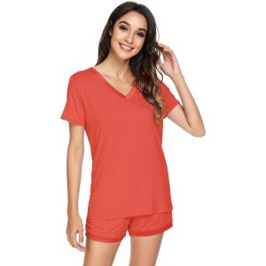 imageWiWi Viscose from Bamboo Pajamas Set for Women Soft Short Sleeve with Shorts Summer Plus Size Pjs Sets Sleepwear S4XBcoral