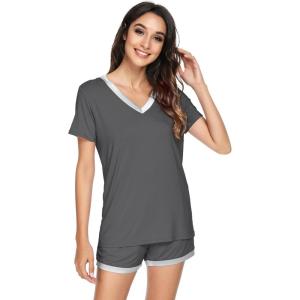 imageWiWi Viscose from Bamboo Pajamas Set for Women Soft Short Sleeve with Shorts Summer Plus Size Pjs Sets Sleepwear S4XBiron Grey