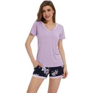 imageWiWi Viscose from Bamboo Pajamas Set for Women Soft Short Sleeve with Shorts Summer Plus Size Pjs Sets Sleepwear S4XBlight PurplenavyFloral
