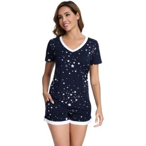 imageWiWi Viscose from Bamboo Pajamas Set for Women Soft Short Sleeve with Shorts Summer Plus Size Pjs Sets Sleepwear S4XBnavy Stars
