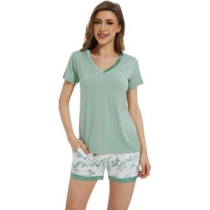 imageWiWi Viscose from Bamboo Pajamas Set for Women Soft Short Sleeve with Shorts Summer Plus Size Pjs Sets Sleepwear S4XBsage Greengreen Leaf