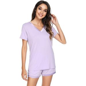 imageWiWi Viscose from Bamboo Pajamas Set for Women Soft Short Sleeve with Shorts Summer Plus Size Pjs Sets Sleepwear S4XBtaro Purple