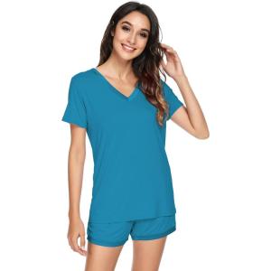 imageWiWi Viscose from Bamboo Pajamas Set for Women Soft Short Sleeve with Shorts Summer Plus Size Pjs Sets Sleepwear S4XBteal Blue