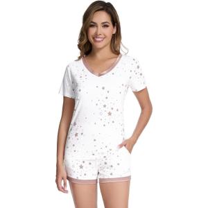 imageWiWi Viscose from Bamboo Pajamas Set for Women Soft Short Sleeve with Shorts Summer Plus Size Pjs Sets Sleepwear S4XBwhite Stars