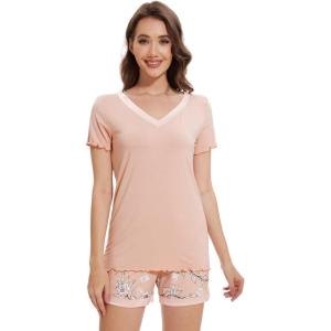 imageWiWi Viscose from Bamboo Pajamas Set for Women Soft Short Sleeve with Shorts Summer Plus Size Pjs Sets Sleepwear S4XCblushpink Flowers