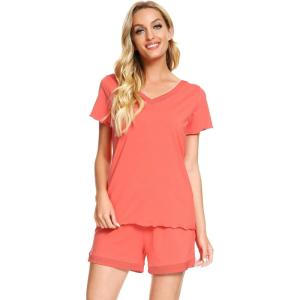 imageWiWi Viscose from Bamboo Pajamas Set for Women Soft Short Sleeve with Shorts Summer Plus Size Pjs Sets Sleepwear S4XCcoral
