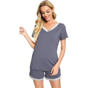 imageWiWi Viscose from Bamboo Pajamas Set for Women Soft Short Sleeve with Shorts Summer Plus Size Pjs Sets Sleepwear S4XCdark Grey