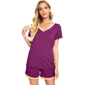imageWiWi Viscose from Bamboo Pajamas Set for Women Soft Short Sleeve with Shorts Summer Plus Size Pjs Sets Sleepwear S4XCdark Reddish Purple