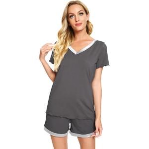 imageWiWi Viscose from Bamboo Pajamas Set for Women Soft Short Sleeve with Shorts Summer Plus Size Pjs Sets Sleepwear S4XCiron Grey