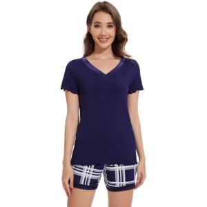 imageWiWi Viscose from Bamboo Pajamas Set for Women Soft Short Sleeve with Shorts Summer Plus Size Pjs Sets Sleepwear S4XCnavynavy Plaid