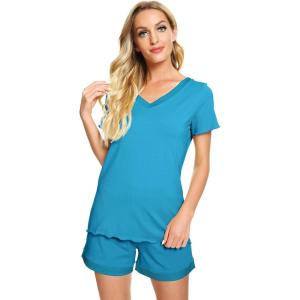 imageWiWi Viscose from Bamboo Pajamas Set for Women Soft Short Sleeve with Shorts Summer Plus Size Pjs Sets Sleepwear S4XCteal Blue