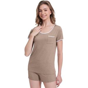 imageWiWi Viscose from Bamboo Pajamas Set for Women Soft Short Sleeve with Shorts Summer Plus Size Pjs Sets Sleepwear S4XDcamel