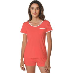 imageWiWi Viscose from Bamboo Pajamas Set for Women Soft Short Sleeve with Shorts Summer Plus Size Pjs Sets Sleepwear S4XDcoral
