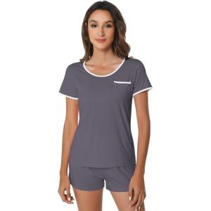 imageWiWi Viscose from Bamboo Pajamas Set for Women Soft Short Sleeve with Shorts Summer Plus Size Pjs Sets Sleepwear S4XDdark Grey