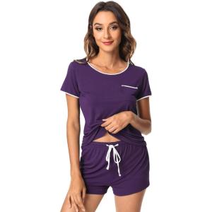 imageWiWi Viscose from Bamboo Pajamas Set for Women Soft Short Sleeve with Shorts Summer Plus Size Pjs Sets Sleepwear S4XDdark Purple
