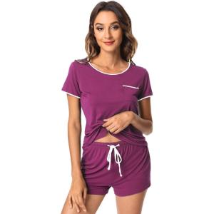 imageWiWi Viscose from Bamboo Pajamas Set for Women Soft Short Sleeve with Shorts Summer Plus Size Pjs Sets Sleepwear S4XDdark Reddish Purple